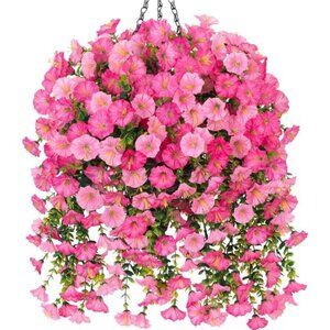 Artificial Hanging Flowers with Basket Outdoors Fake Flowers Plants, 3 PCS Faux
